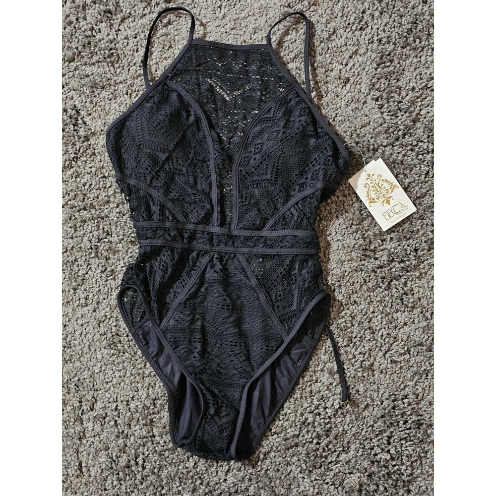 BECCA Black Crochet One Piece Swimsuit Removable Pads Adjustable Strap Small